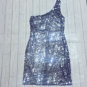 AUW size medium one shoulder silver dress